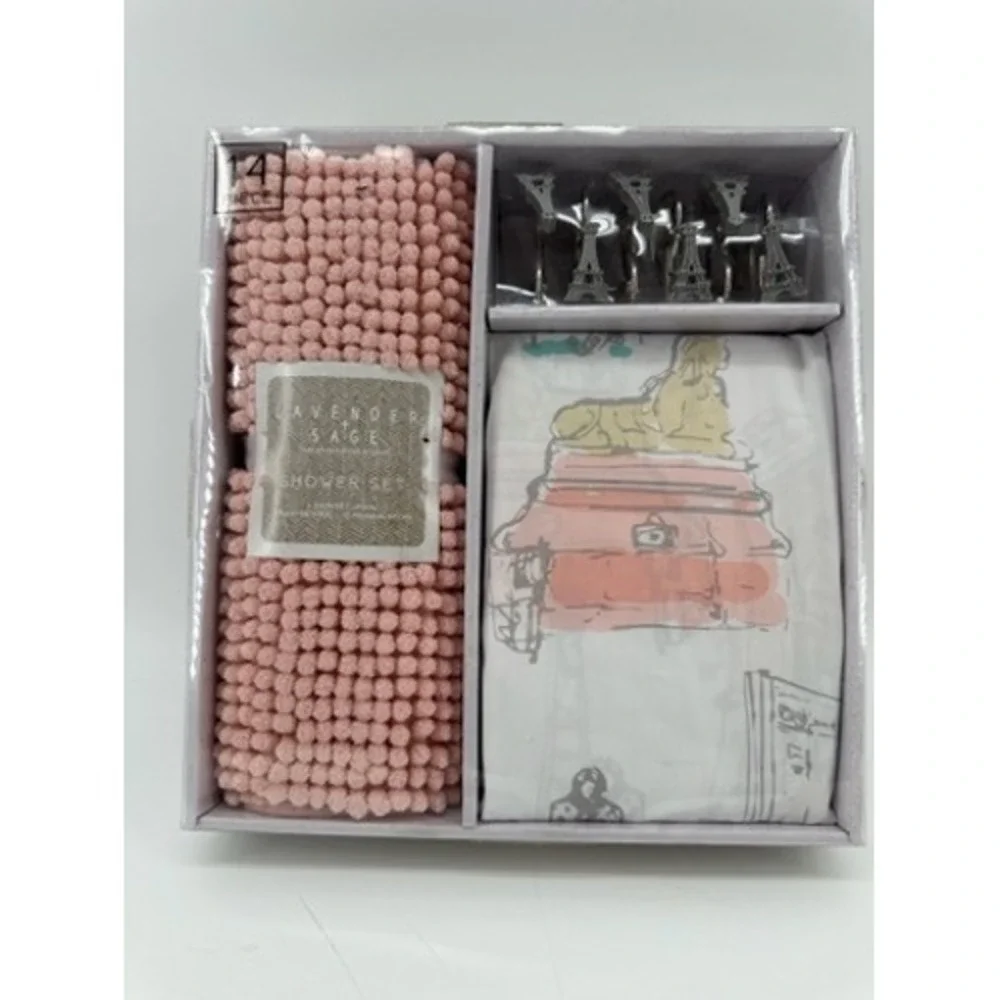 Lavender‎ and Sage Paris Eiffel Tower Shower Curtain Rug Hook Set 14 Piece